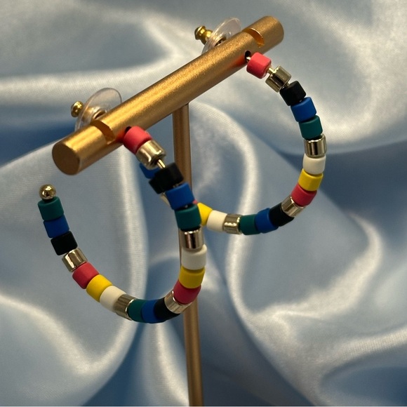 Colorful Beaded Hoop Earrings | Rainbow Statement Hoops 1.5" - Picture 5 of 9